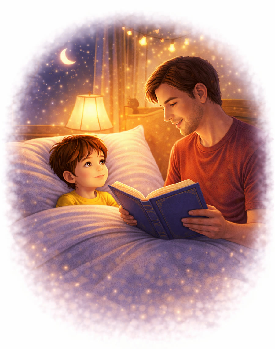 A father reads a bedtime story to his son, tucked in bed under the warm light of a lamp